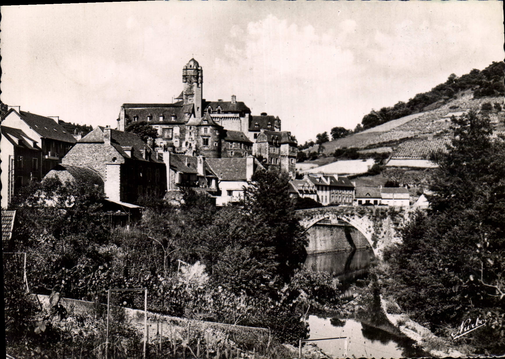 CPSM Estaing Aveyron Vue generale Le Vieux Pont sur le Lot Le Chateau