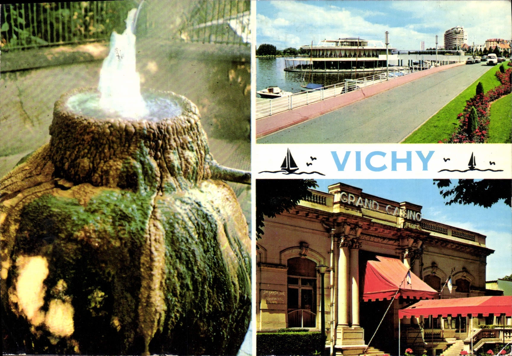 CPSM Vichy Source du Dome Le plan d'eau et ses promenades Entree Principale du Casino 