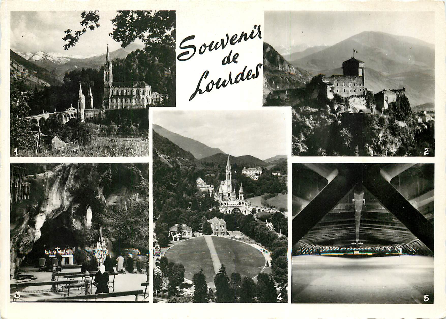 CPSM Lourdes (H P) La Basilique Le chateau Fort la Grotte Miraculeuse
