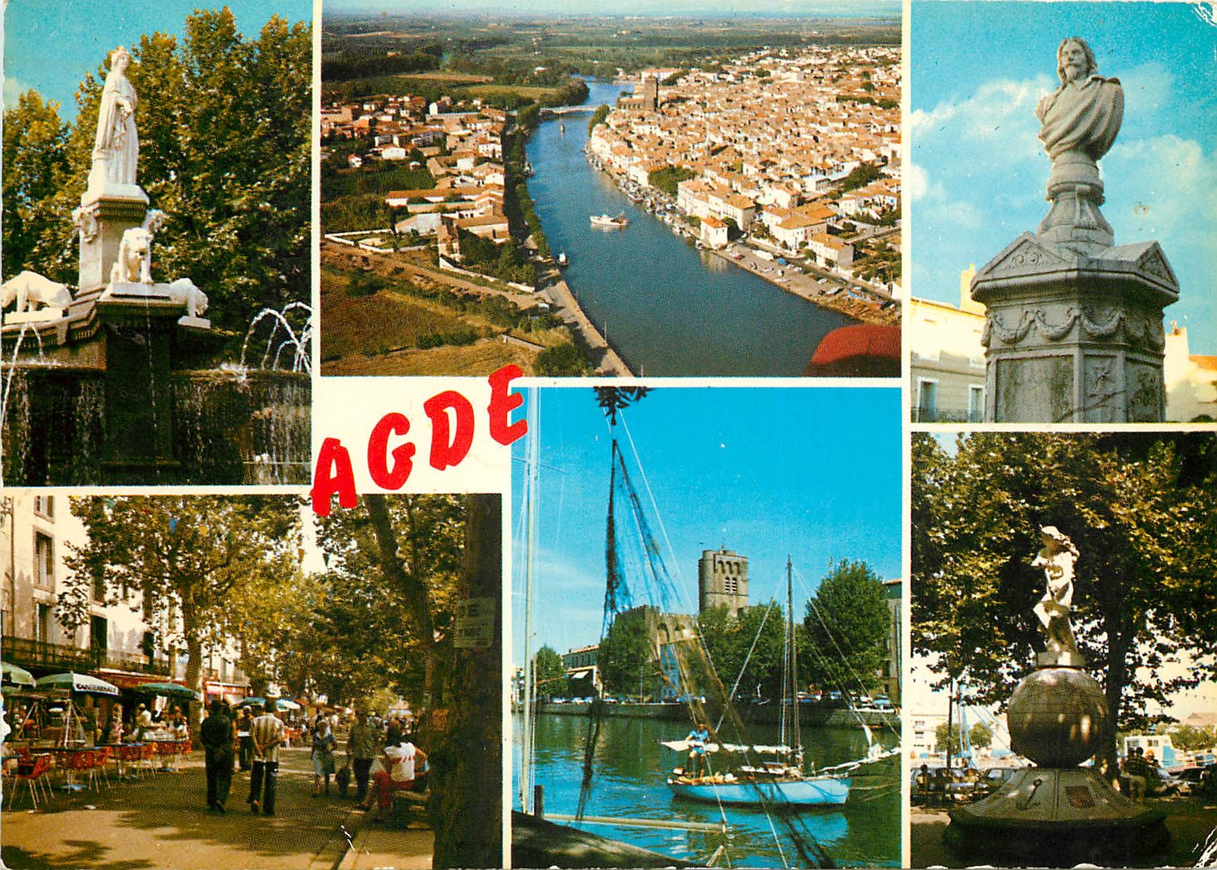 CPSM Agde La ville la statue d'Agathe le buste de Claude Terrasse