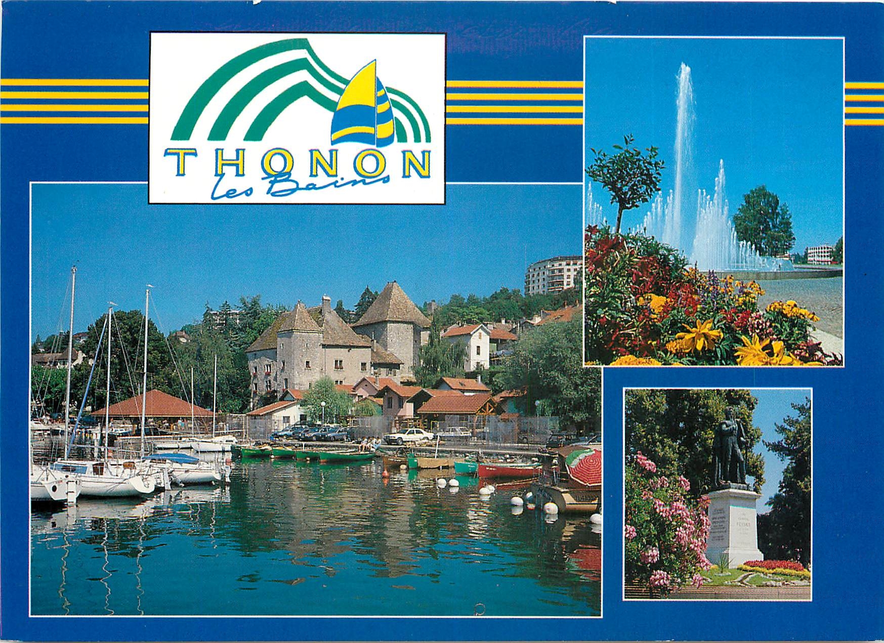 CPSM Thonon les Bains Haute Savoie France le port de Rives Le jet d'eau Statue general Dessaix