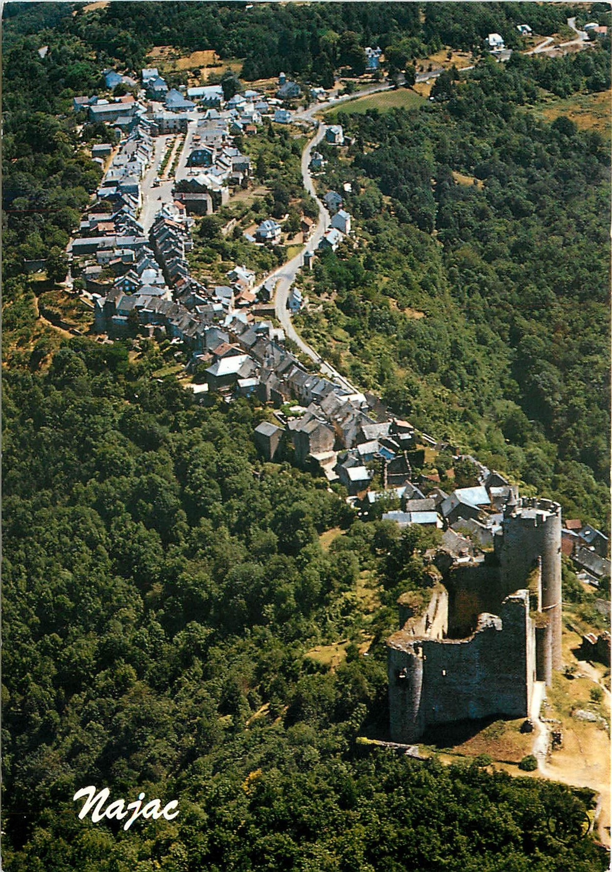 CPSM Najac (Aveyron) Vue aerienne du Village domine par son chateau (XIIIe s)