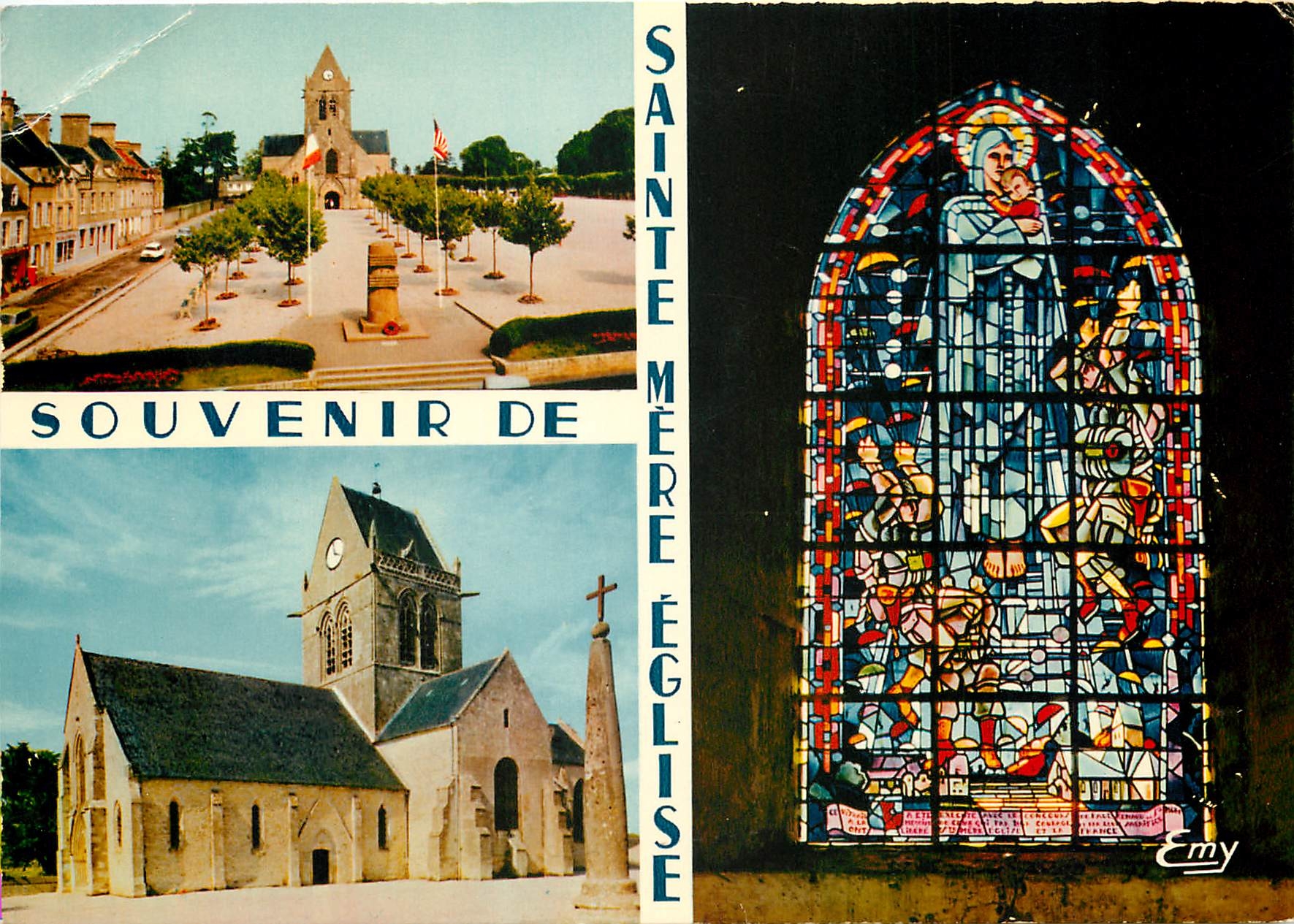 CPSM Sainte Mere Eglise (Manche) la place du 6 juin l'eglsie du XIVe s