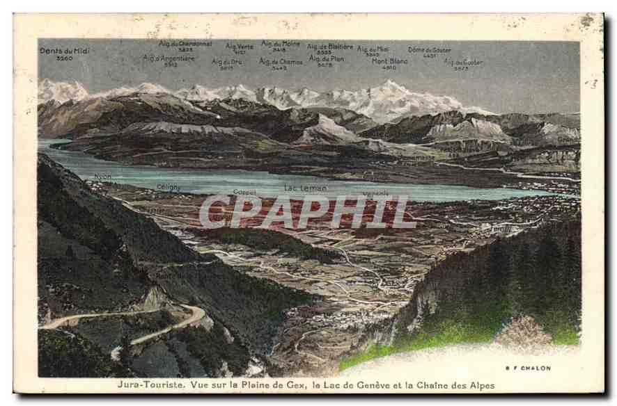 CPA Jura Touriste vue sur la Plaine de Cex le Lac de Geneve et la Chaine des Alpes