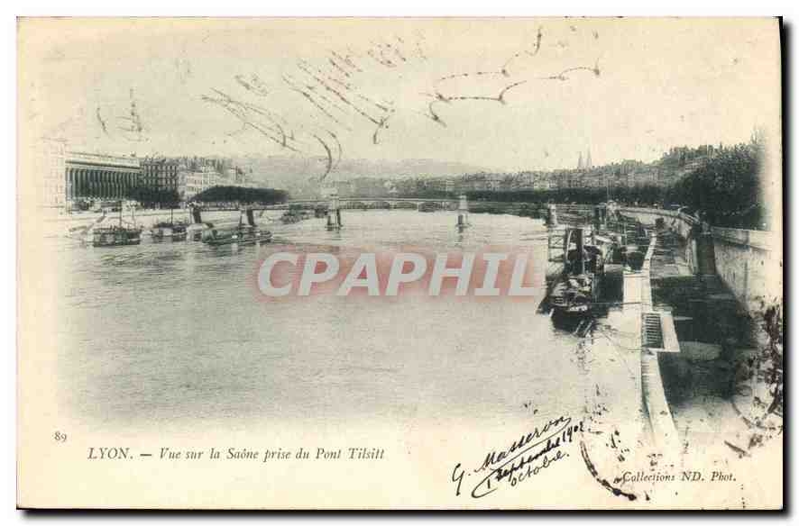CPA Lyon Vue sur la Saone prise du Pont Tilsitt Tramway Liqueur Benedictine