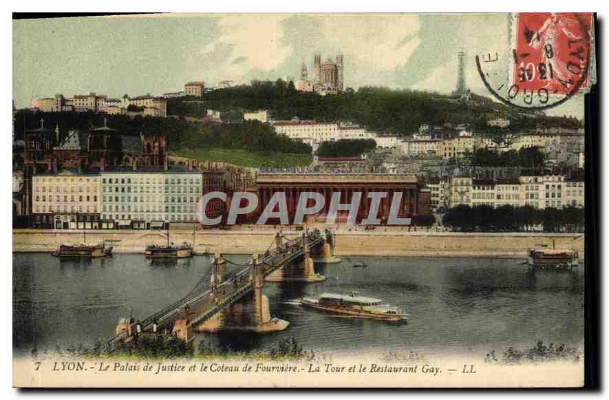 CPA Lyon Le Palais de Justice et le Coteau de Fourviere La Tour et le Restaurant Gay