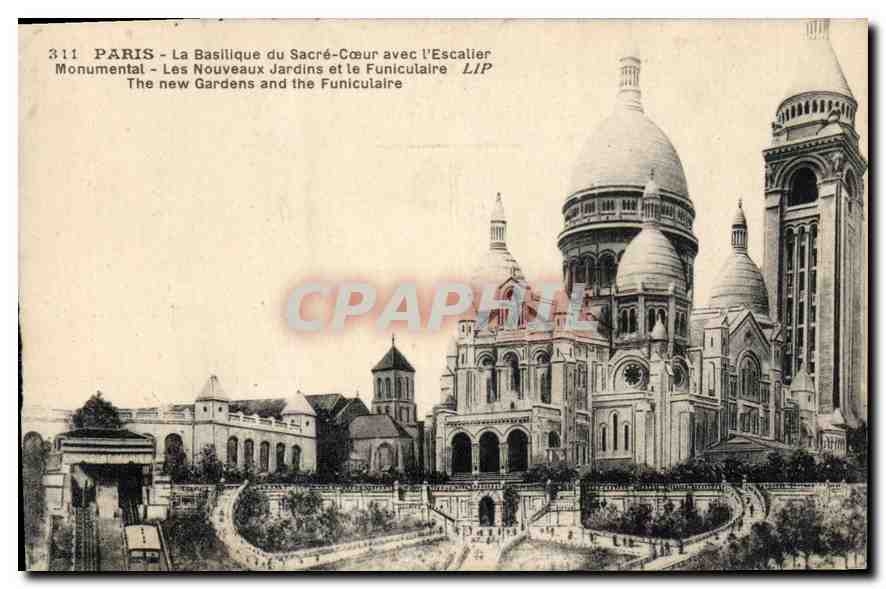 CPA Paris La Basilique du Sacre Coeur avec l'Escalier Monumental Les nouveaux Jardins et le Funicula