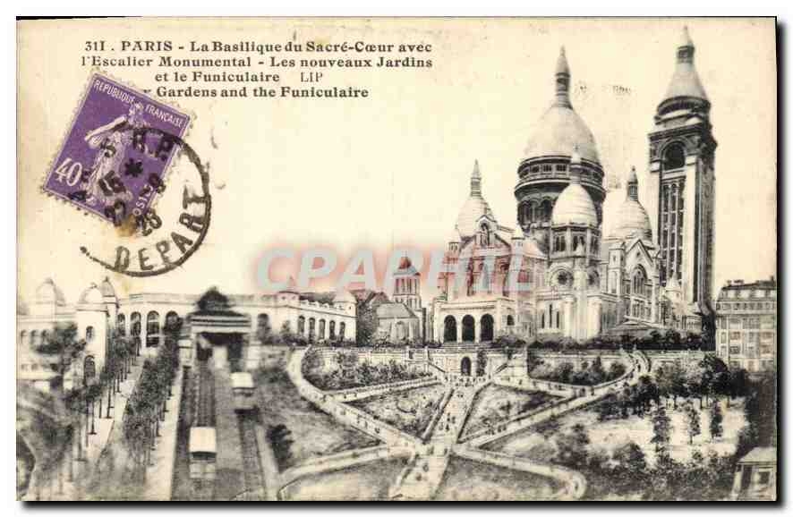 CPA Paris Basilique du Sacre Coeur avec l'Escalier Monumental Les Nouveaux Jardins et le Funiculaire