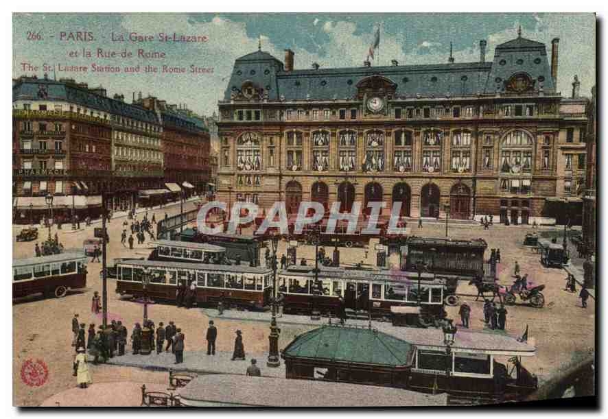 CPA Paris la Gare St Lazare et la rue de Rome Tramways