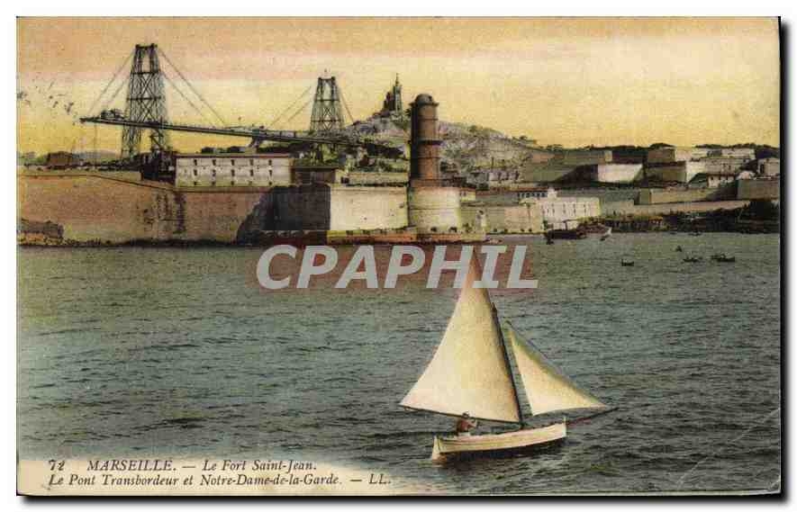 CPA Marseille le Fort Saint Jean le pont Transbordeur et Notre Dame de la Garde