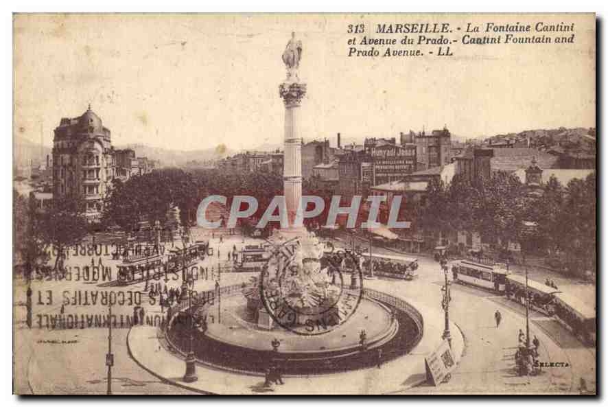 CPA Marseille La Fontaine Cantini et Avenue du Prado 