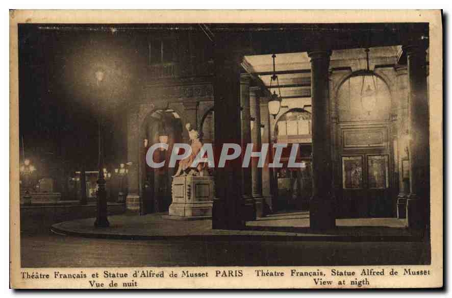 CPA Paris Theatre Francais et Statue d'Alfred de Musset vue de nuit