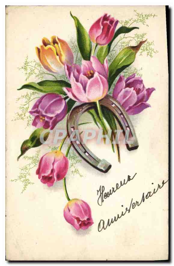 CPA Heureux Anniversaire Fleurs Fer a cheval
