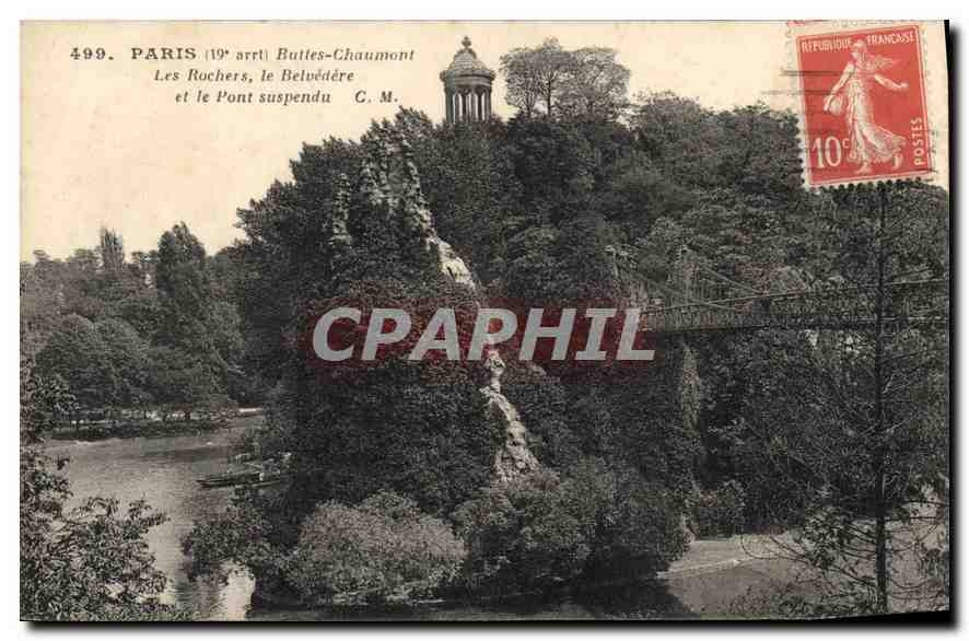 CPA Paris Buttes Chaumont Les Rochers le Belvedere et le Pont suspendu 