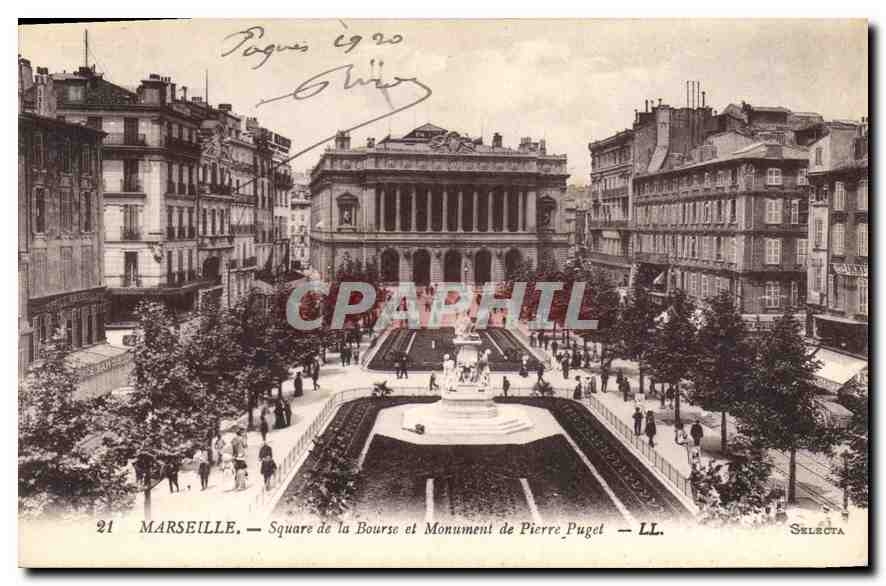 CPA Marseille Square de la Bourse et Monument de Pierre Puget 