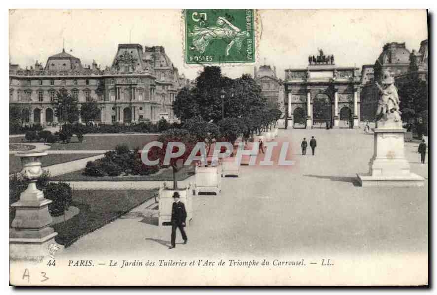CPA Paris Le Jardin des Tuileries et L'Arc de Triomphe du Carrousel