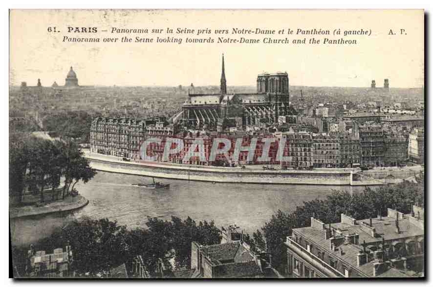 CPA Paris Panorama sur la Seine pris vers Notre Dame et le Pantheon (a gauche)