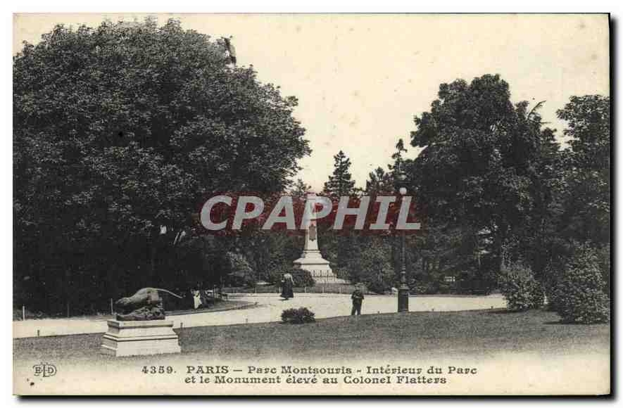 CPA Paris Parc Montsouris Interieur du Parc et le Monument eleve au Colonel Flatters