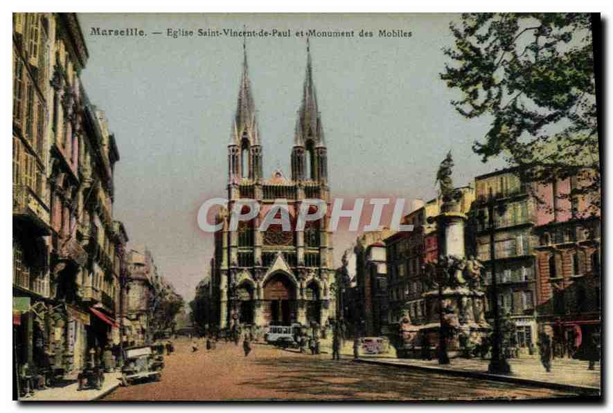 CPA Marseille L'Eglise St Vincent de Paul et le Monument des Mobiles