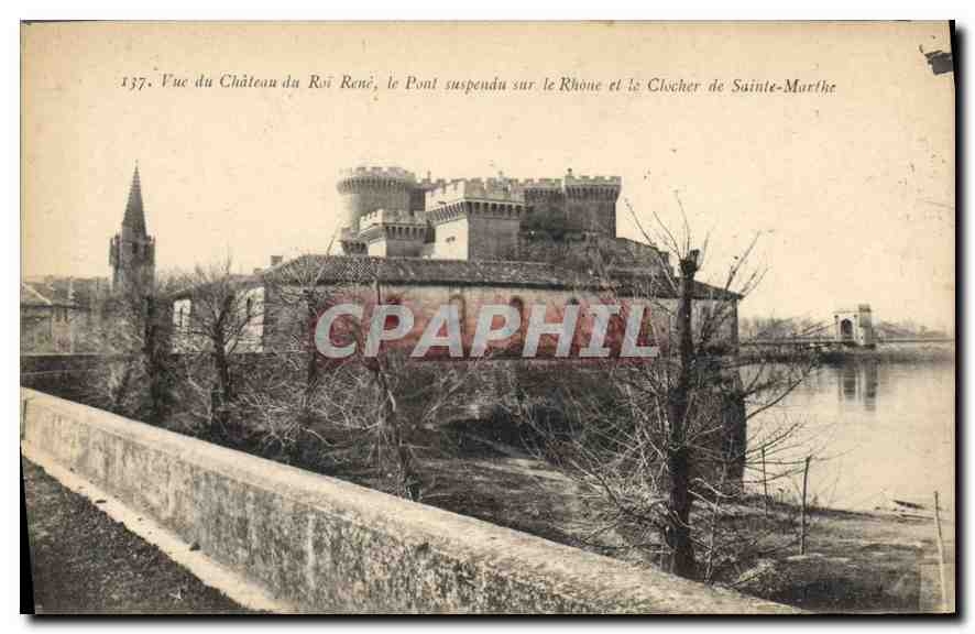 CPA Tarascon Vue du Chateau du Roi Rene le Pont suspendu sur Rhone et le Clocher de Sainte Marthe