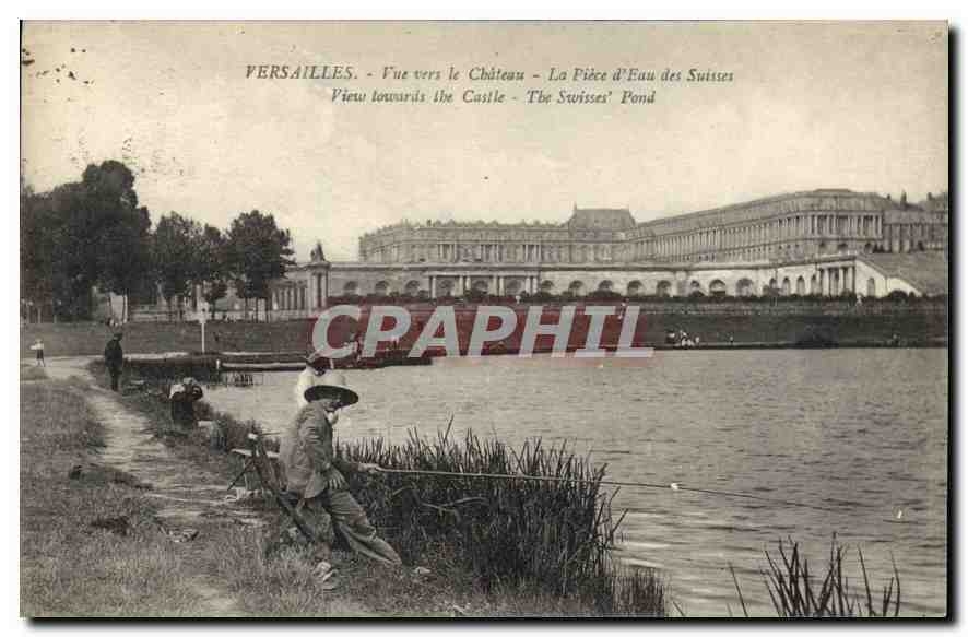 CPA Versailles Vue vers le Chateau La Piece d'Eau des Suisses Peche Pecheur
