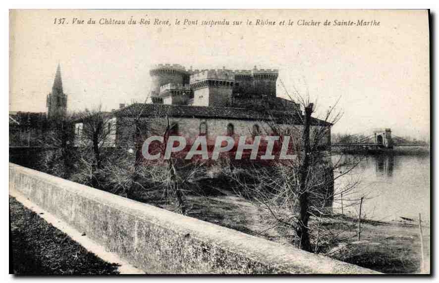 CPA Vue du Chateau du Roi Rene le Pont le Pont suspendu sur le Rhone et le Clocher de Sainte Marthe