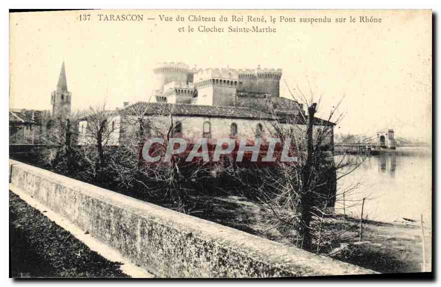CPA Tarascon Vue du Chateau du Roi Rene le Pont suspendu sur le Rhone et le Clocher Sainte Marthe
