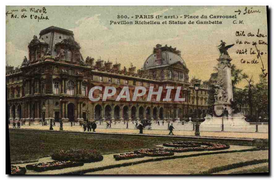 CPA Paris Ier arrt place du Carrousel Pavillon Richelieu et statue de Gambetta