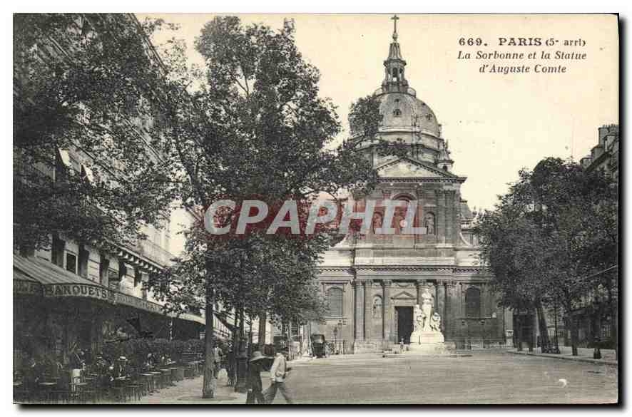 CPA Paris 5e arrt la Sorbonne et la statue d'Auguste Comte