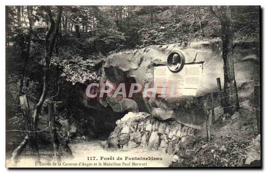 CPA Foret de Fontainebleau L'Entree de la Caverne d'Augas et le Medaillon Paul Merwart 