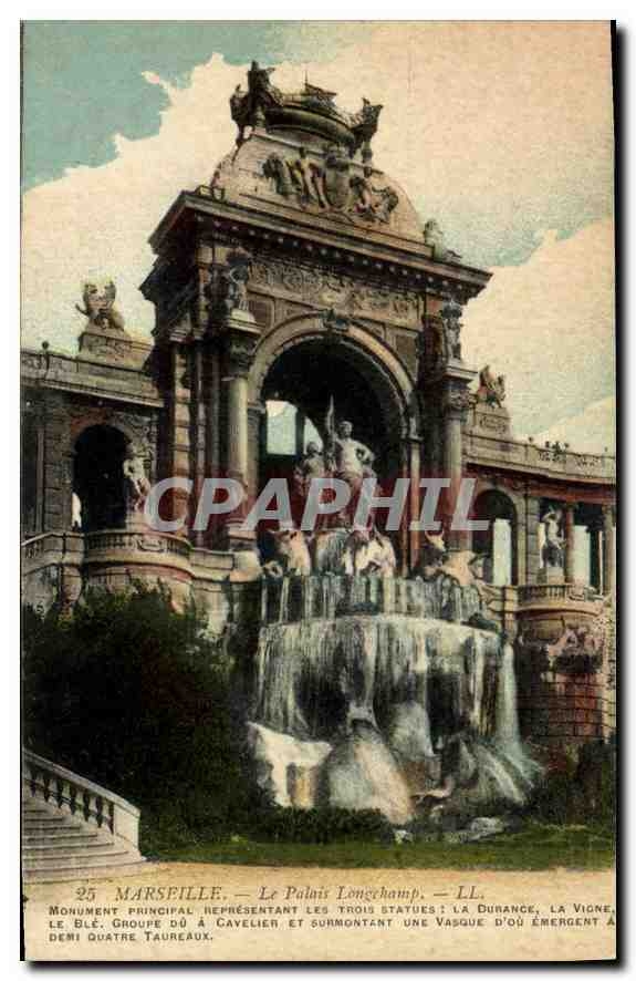 CPA Marseille le Palais Longchamp monument princiapl representant les trois statues la Durance la Vi