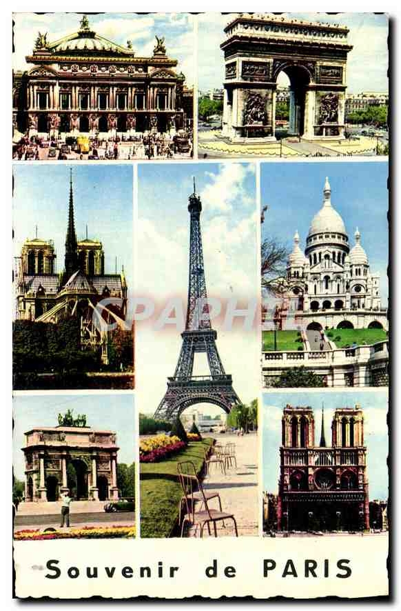 CPA Paris souvenir de Paris Tour Eiffel Sacre Cœur Notre Dame Opera Arc de Triomphe