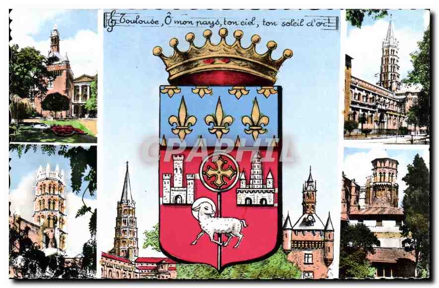 CPM Toulouse la Ville Rose Blason de Toulouse Donjon du Capitole Basilique St Sernin XII siecle tour