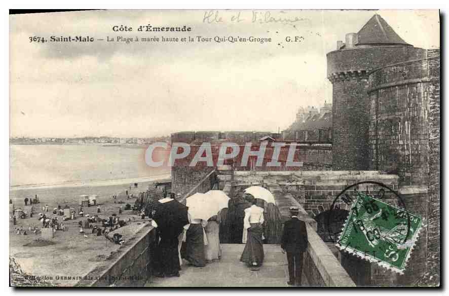 CPA Saint Malo La Plage a Maree Haute et la Tour Qui Qu'en Grogne