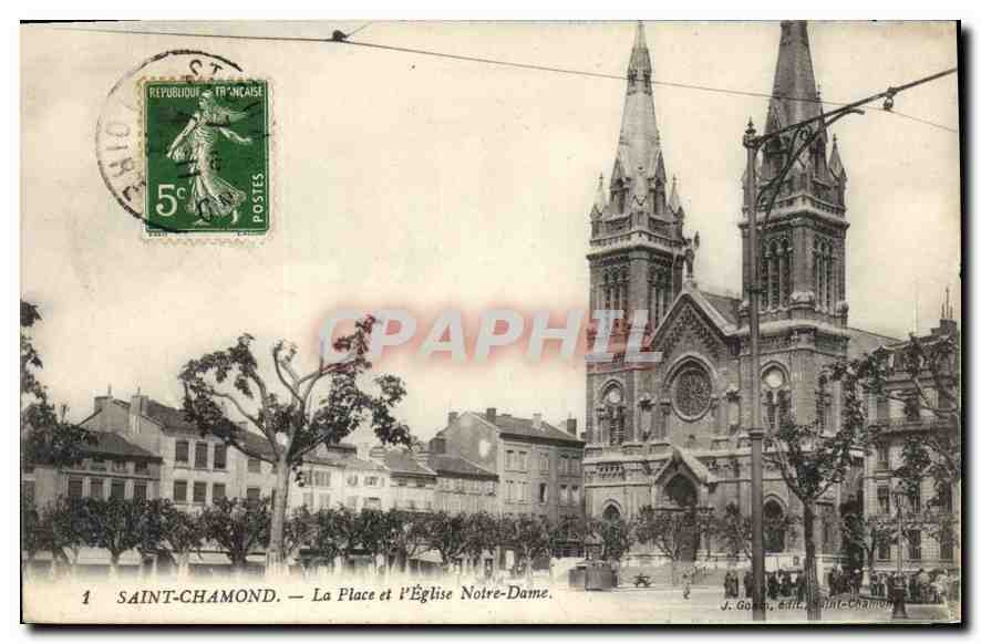 CPA Saint Chamond La Place et l'Eglise Notre Dame