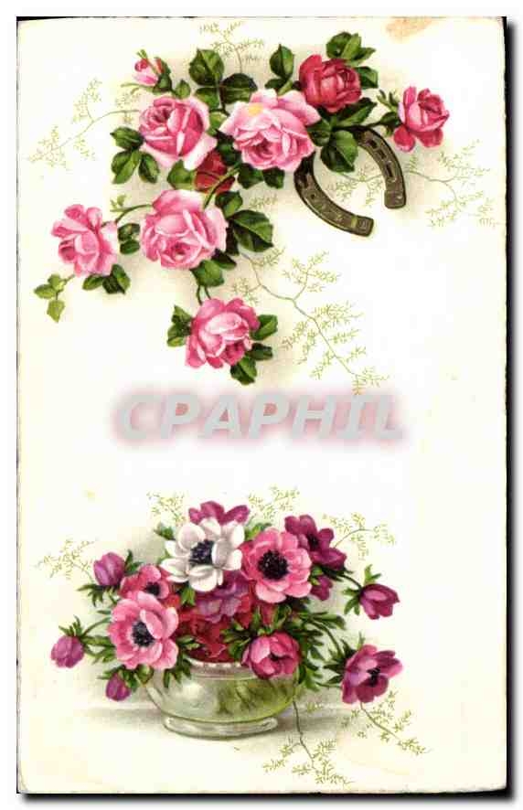 CPA Fantaisie Fleurs Fer a cheval