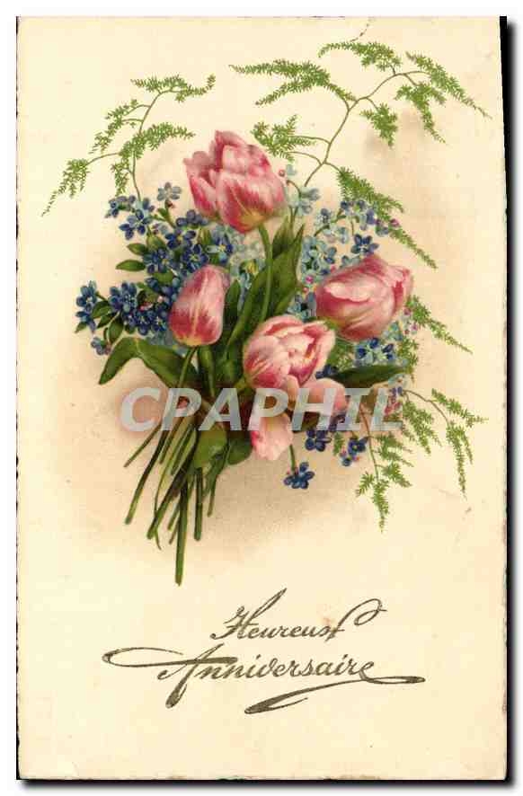 CPA Heureux Anniversaire Fleurs