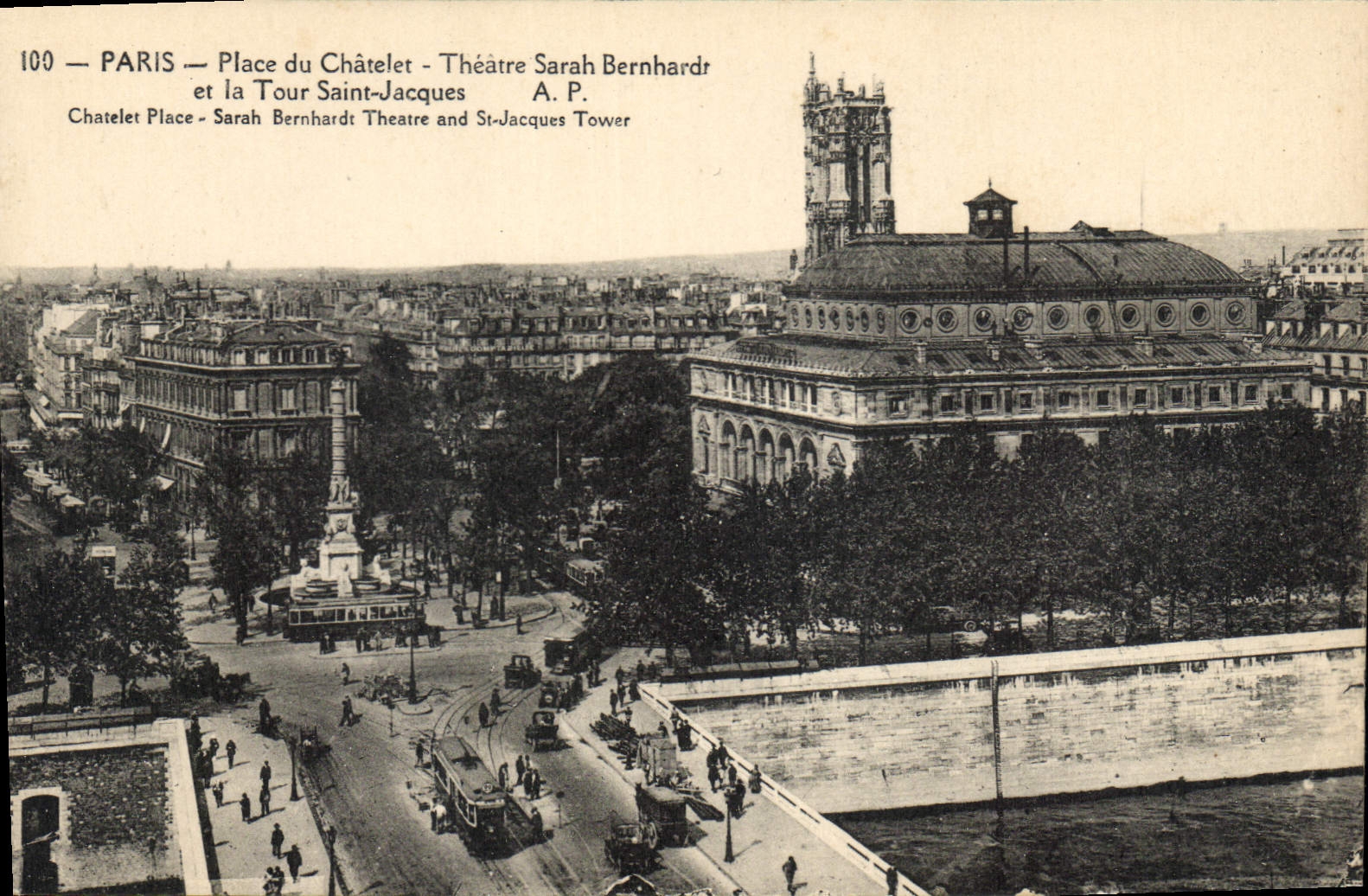 CPA Paris Place du Chatelet Theatre Sarah Bernard et la Tour Saint Jacques