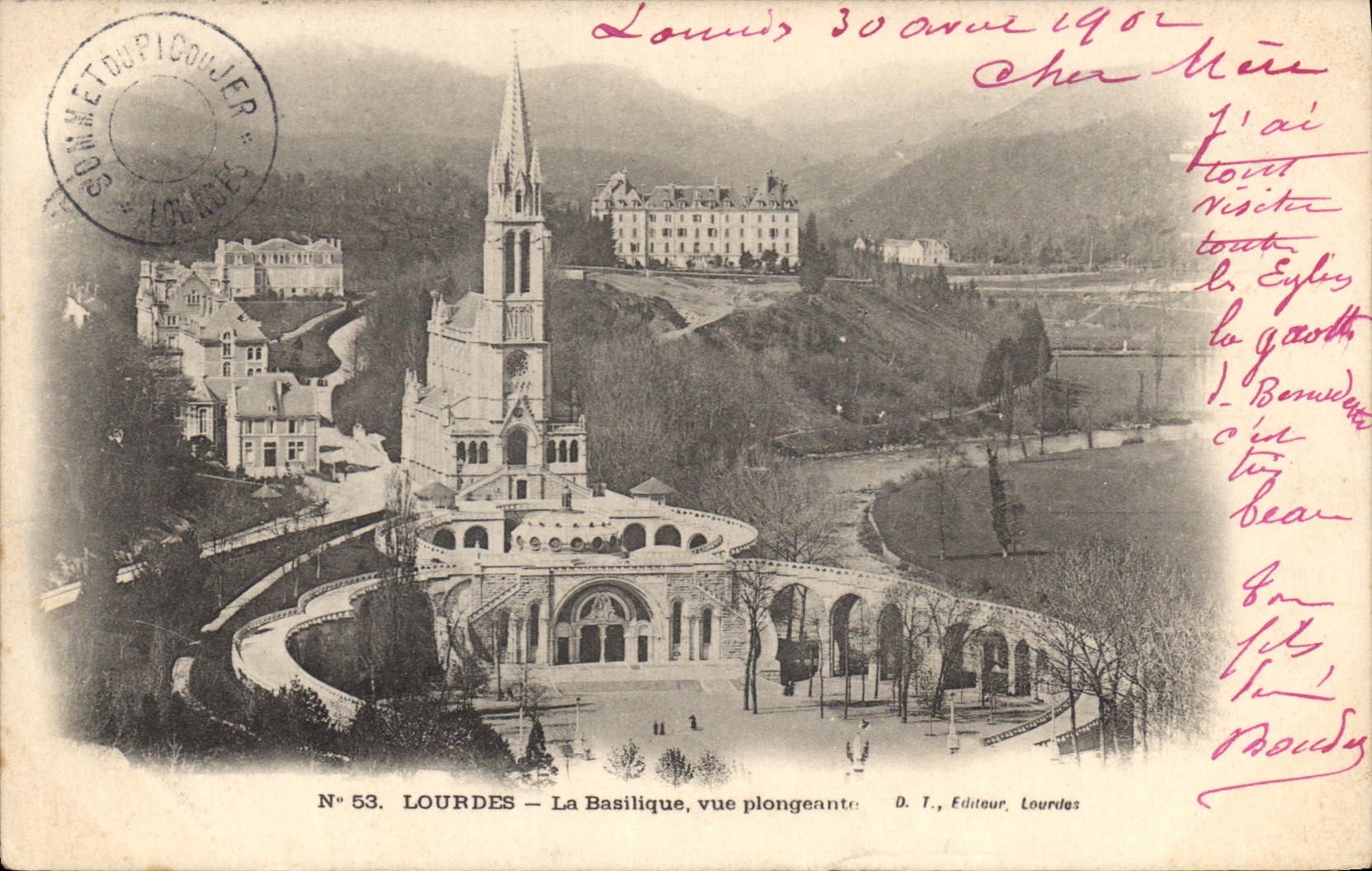 CPA Lourdes La Basilique vue plongeante 