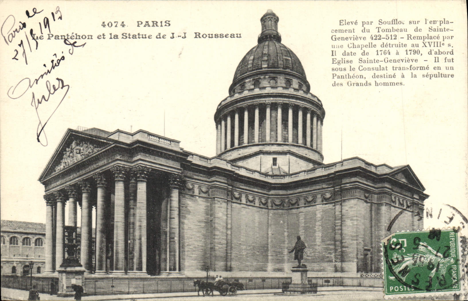 CPA Paris le Pantehon et la Statue de J J Rousseau