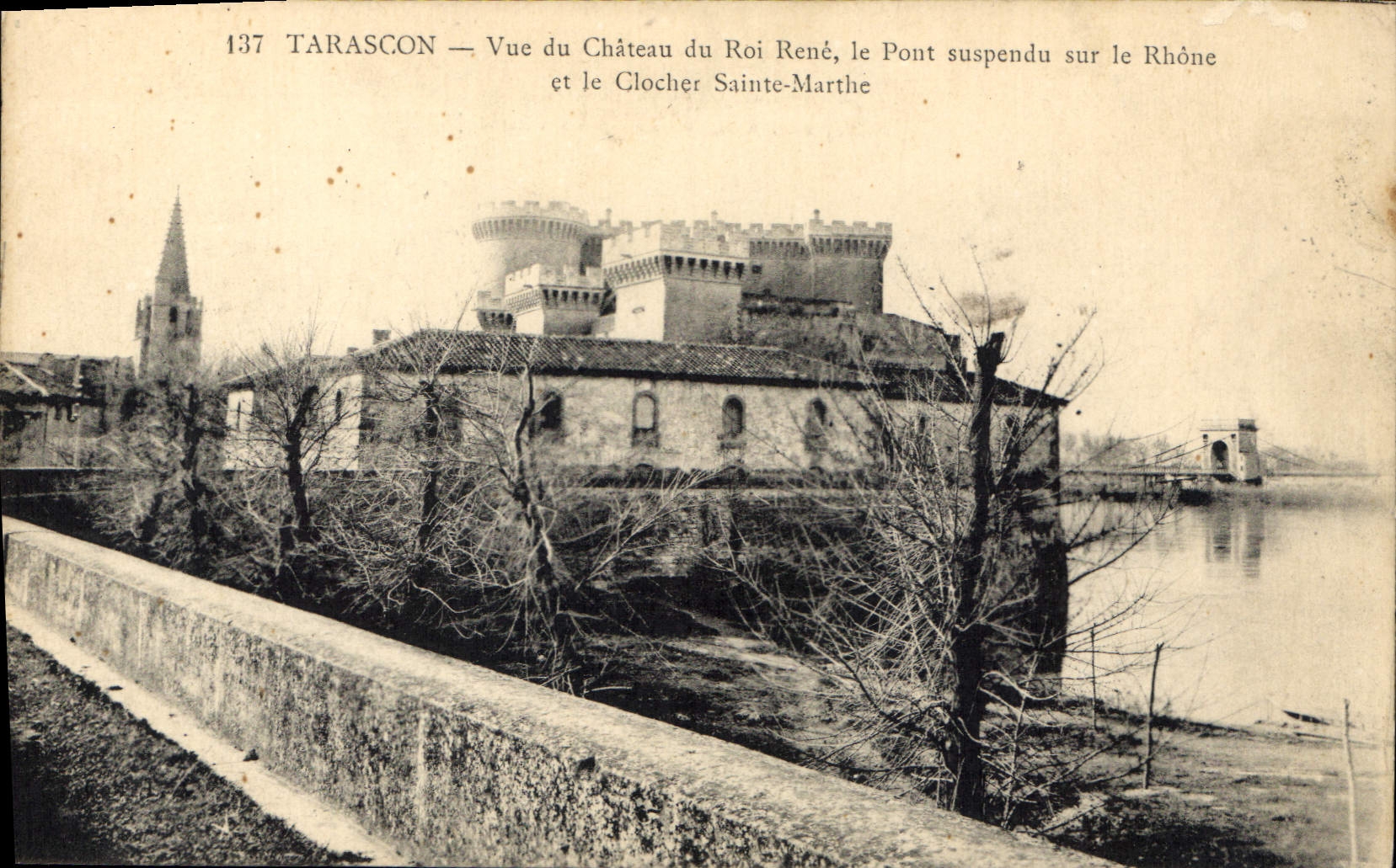 CPA Tarascon Vue du Chateau du Roi Rene le Pont suspendu sur le Rhone et le Clocher Sainte Marthe