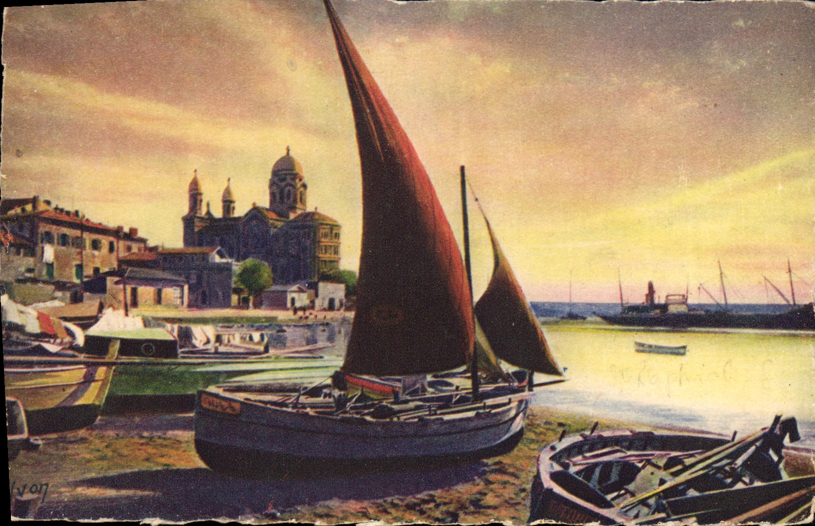 CPA La Douce France Cote d'Azur Saint Raphael Le Port et Notre Dame de la Victoire Bateaux