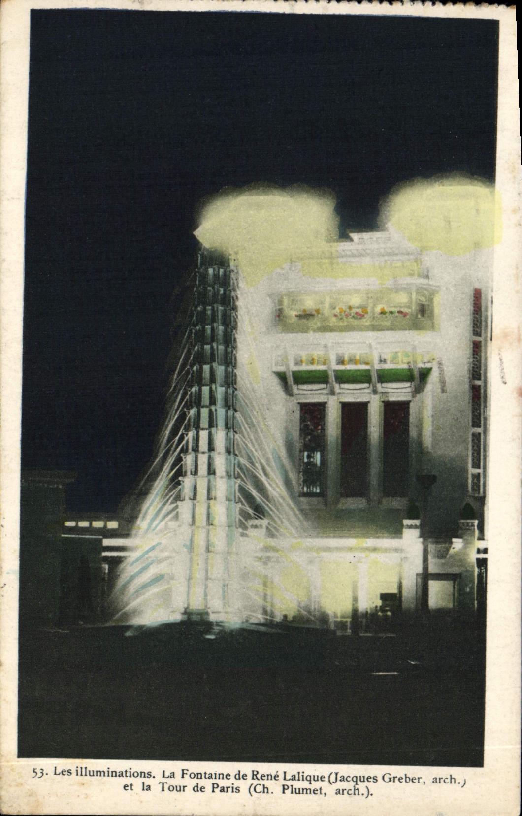 CPA Les illuminations La Fontaine de Rene Lalique et la Tour de Paris Publicite Au coq Hardi Quai Me