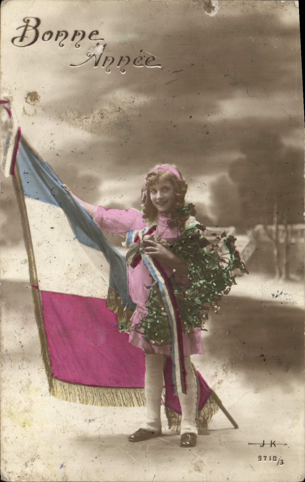 CPA Bonne Annee Drapeau Enfant