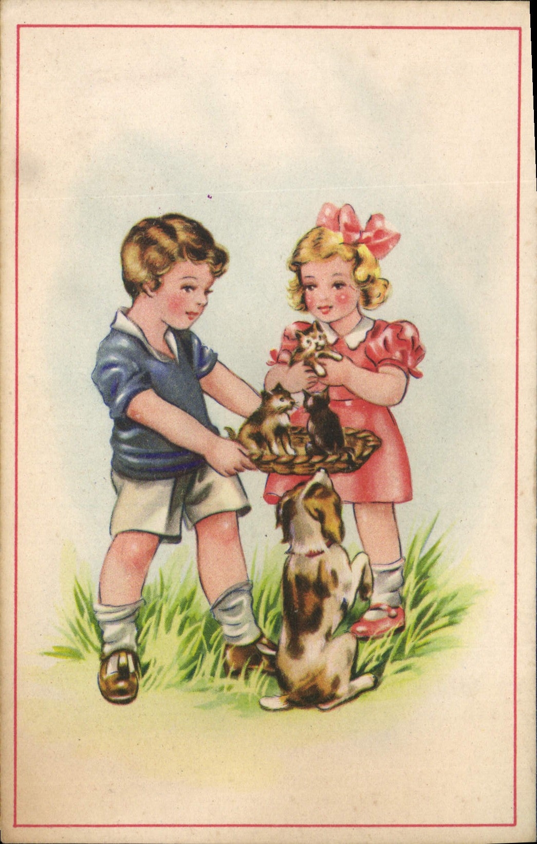 CPA Enfants Chats Chien