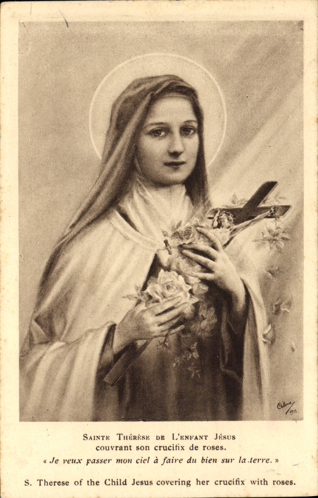 CPA Sainte Therese de l'enfant Jesus couvrant son crucifix de roses 
