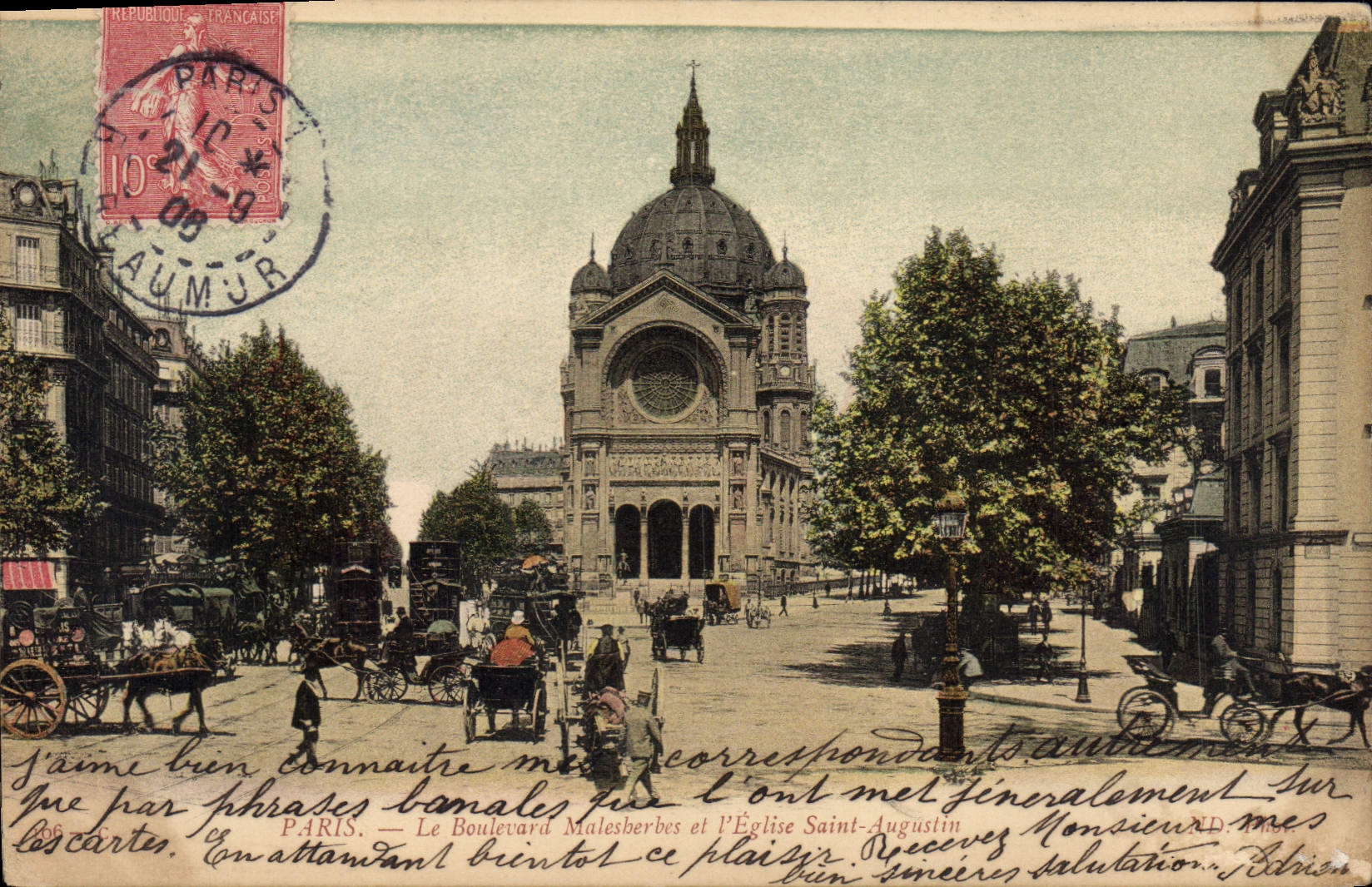 CPA Paris Le Boulevard et l'Eglise Saint Augustin