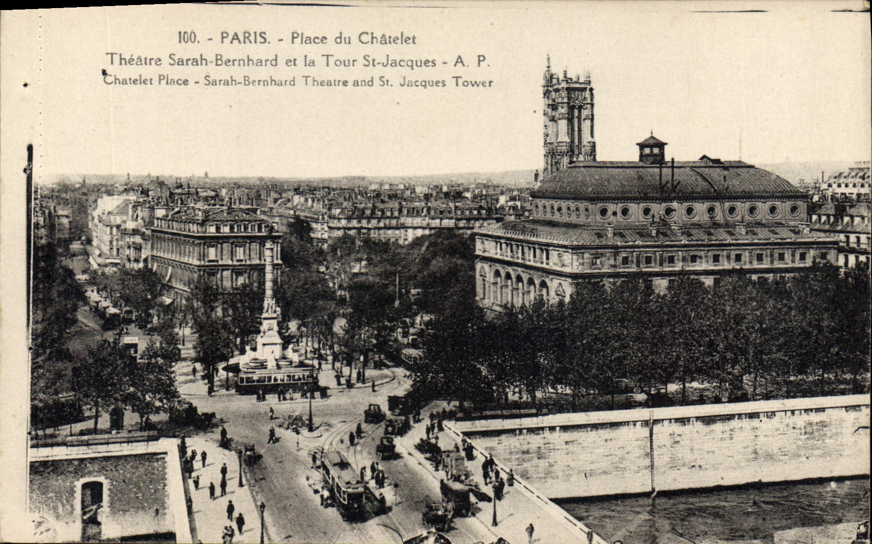 CPA Paris Place du Chatelet Theatre Sarah Bernhard et la Tour St Jacques
