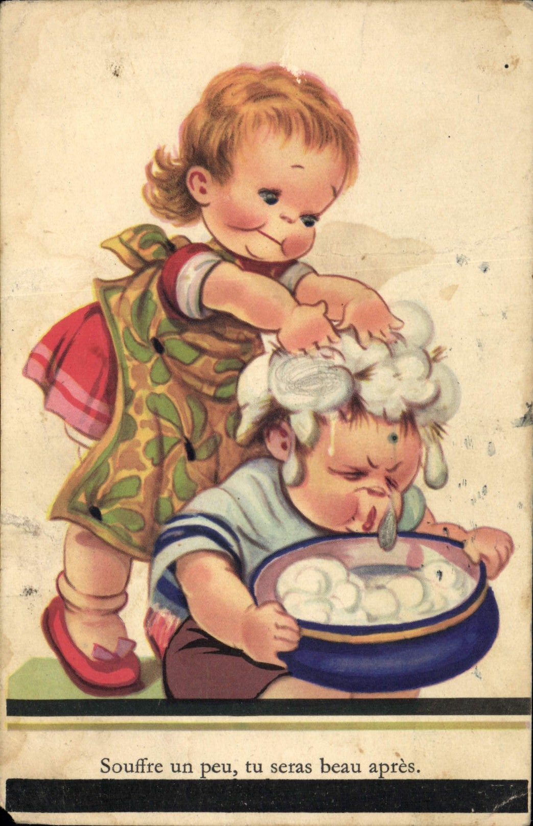 CPA Souffe un peu tu saras beau apres Enfants Coiffeur