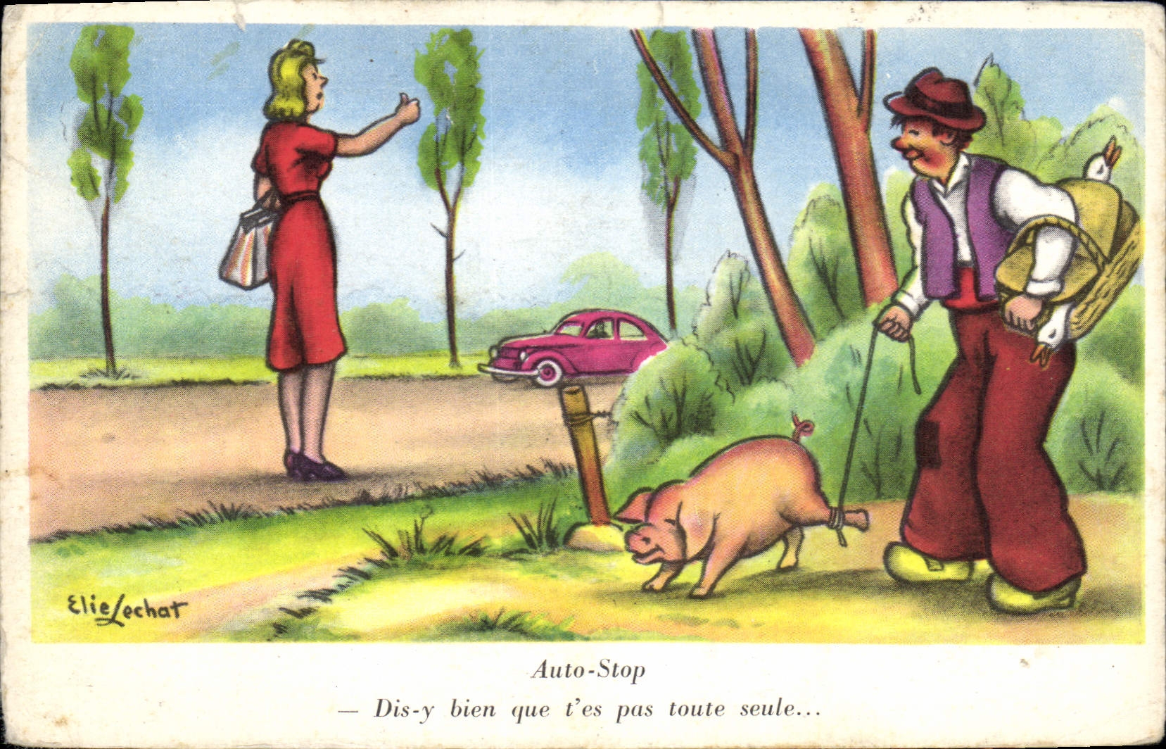 CPA Auto Stop Cochon Porc